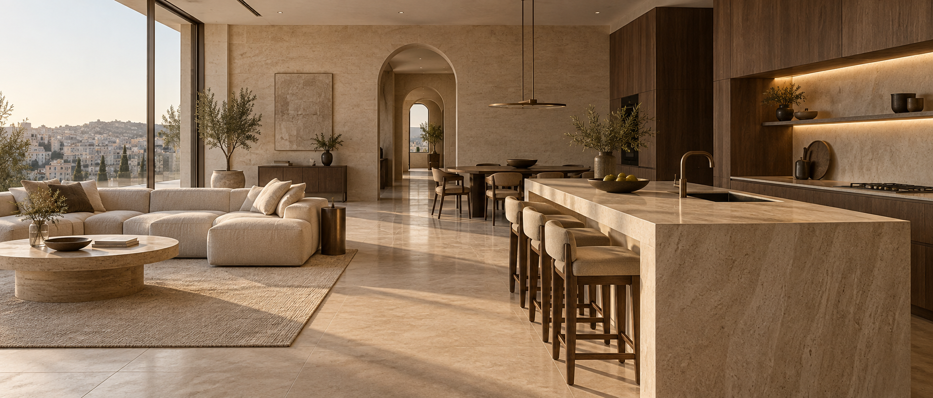 Luxury open-plan living room and kitchen interior